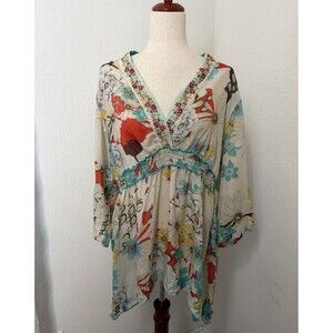 Johnny Was Women’s XL Silk Floral Embroidered Boho Tunic Blouse Empire Waist